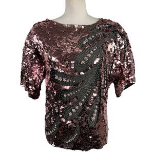 Vintage Oleg Cassini Rose Gold Pink Sequins Silk Formal Blouse Small Pearl Beads